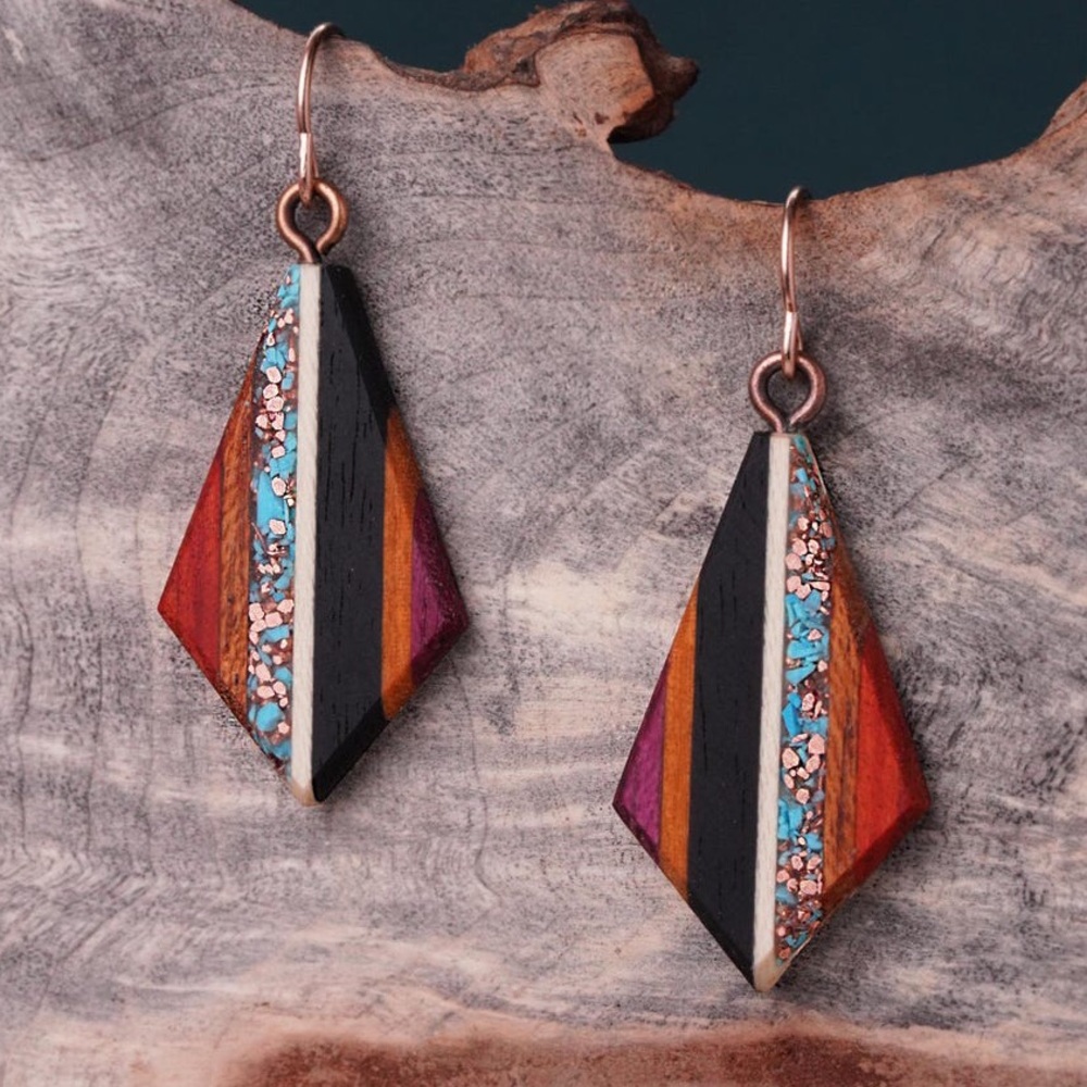 Handmade wood and turquoise earrings, lightweight, new!